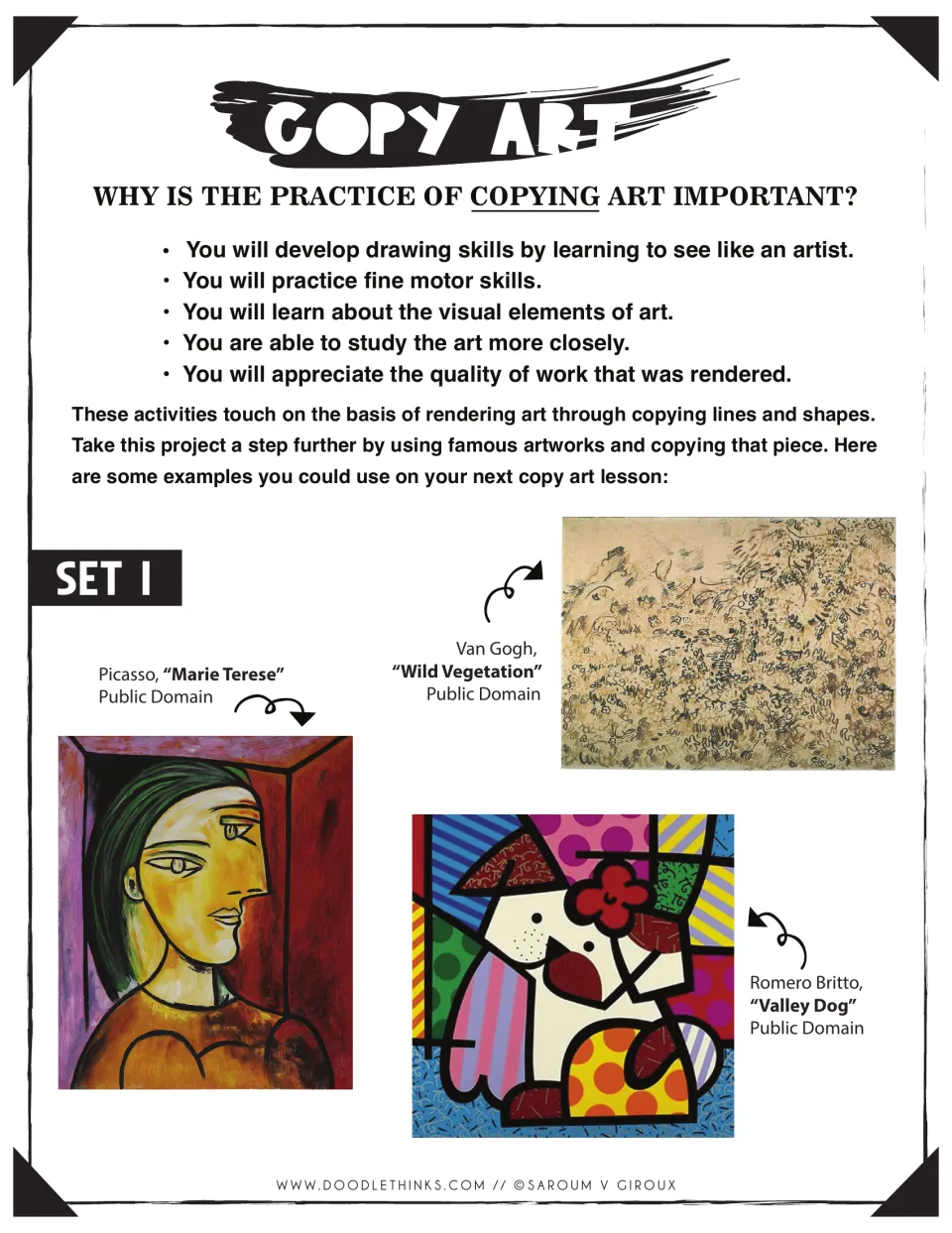 Copy art intro: why copying art matters, plus Picasso, Van Gogh and Romero Britto artworks suggested for a copy lesson