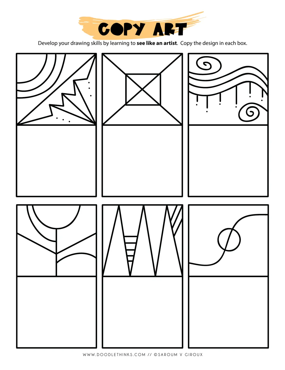 Copy art: students redraw 6 designs, including a square crossed by an X, spirals with drips and a circle on a wave