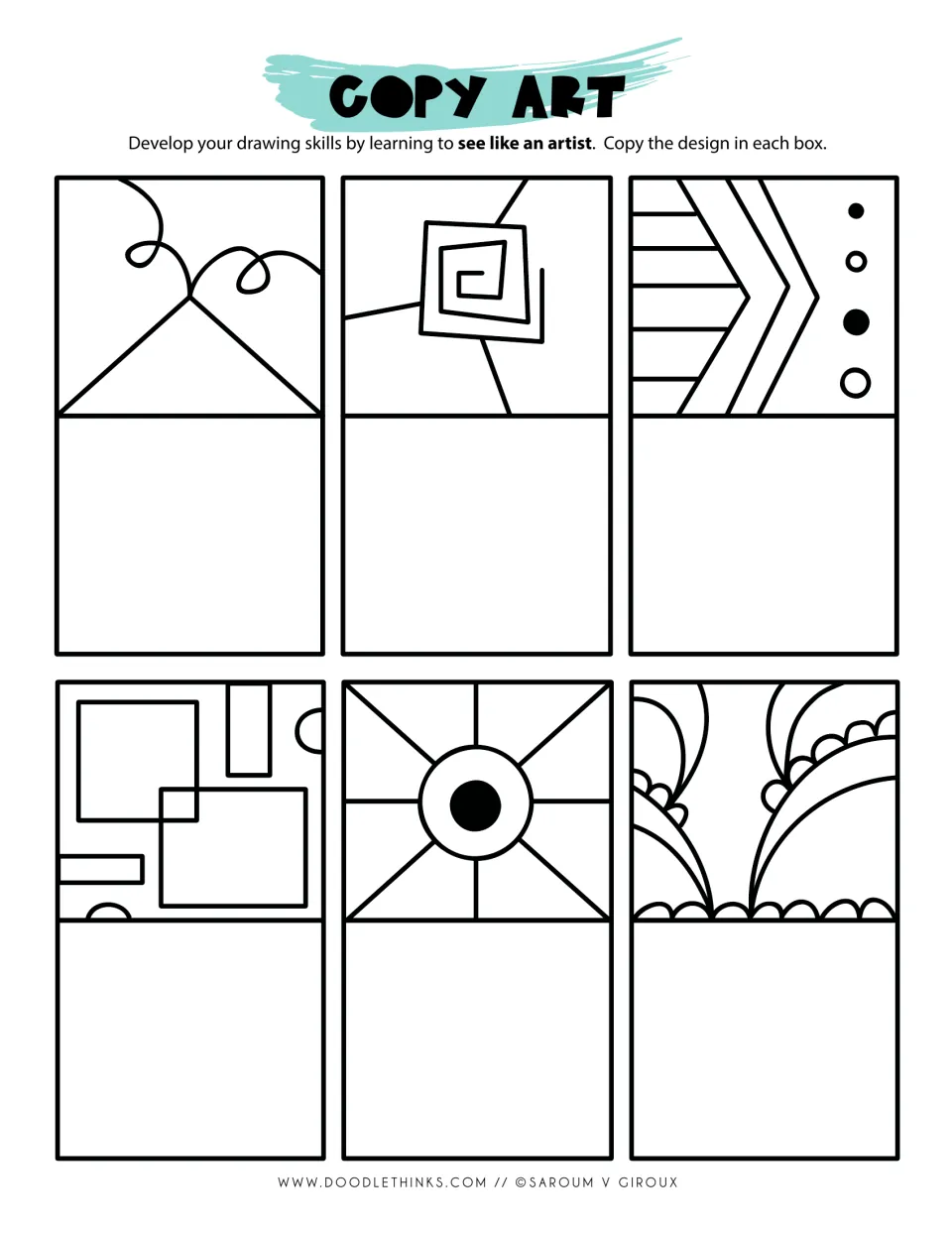 Copy art: students reproduce 6 designs such as a square spiral, chevrons with dots and a sunburst eye in the space below