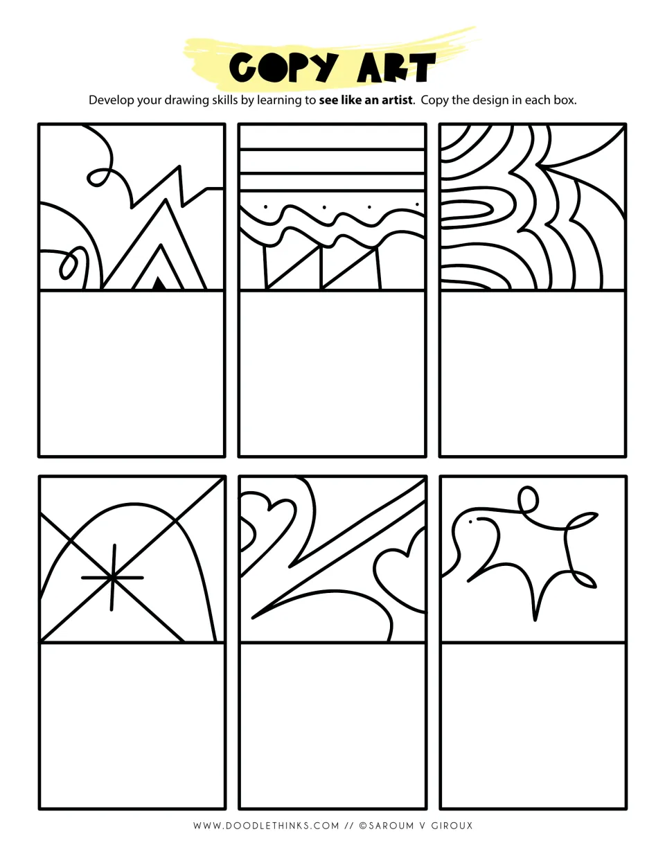 Copy art: students copy 6 freehand designs such as loops over mountain peaks, wavy ripples and a starburst over an arch