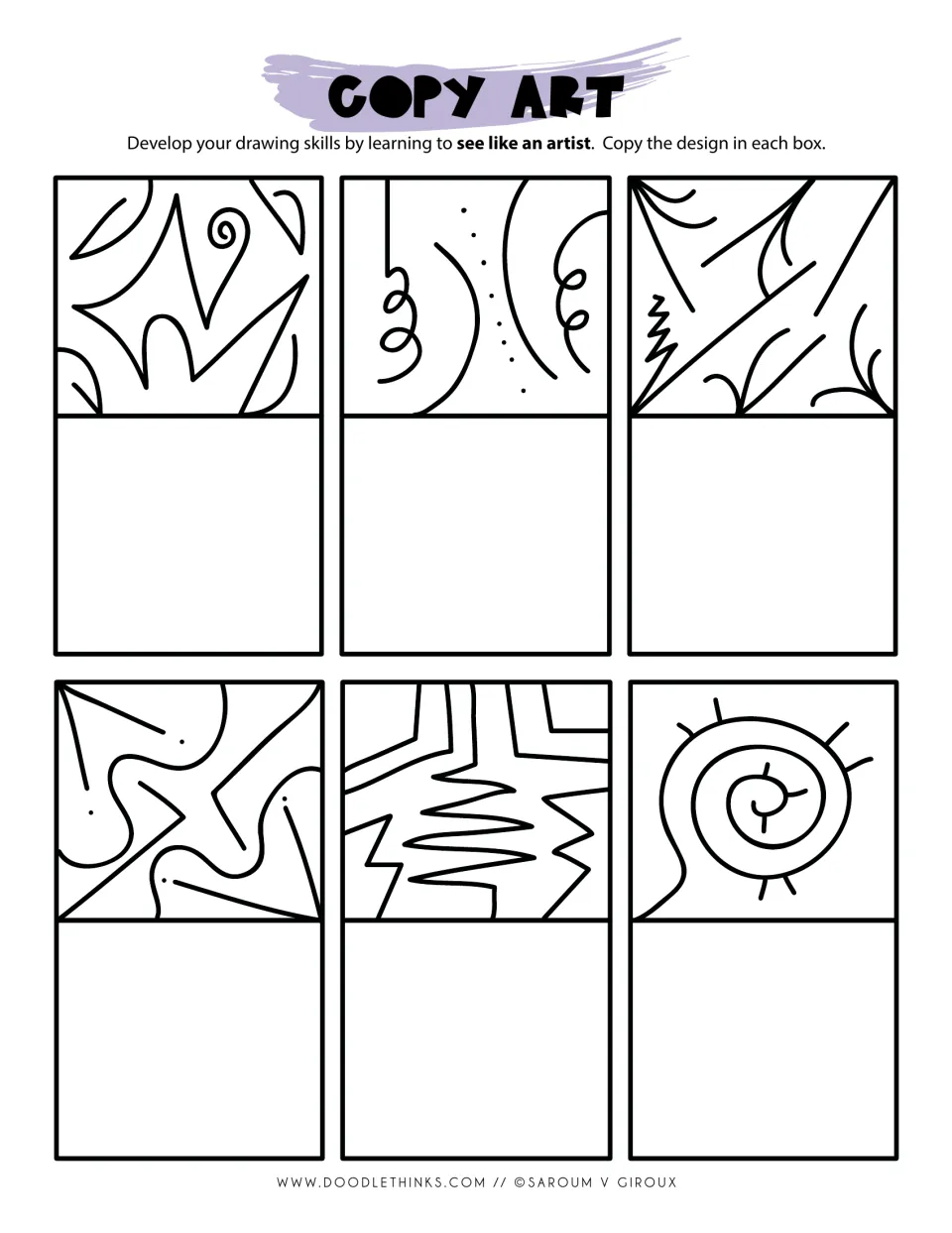 Copy art: students echo 6 doodle designs including spirals, curly tendrils, zigzags and a sun-like spiral with rays