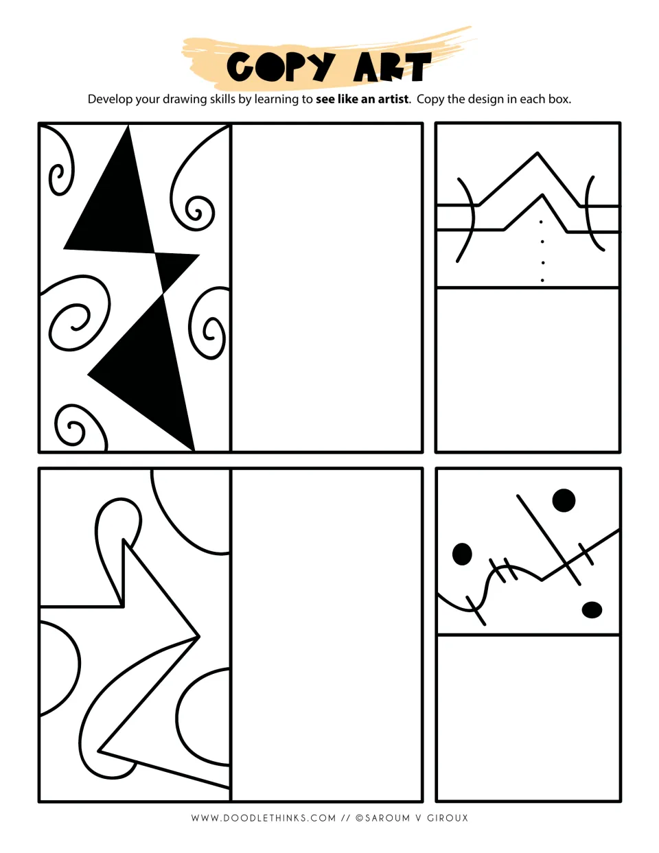 Copy art: students mirror 4 designs, including black triangles framed by spirals and a wave crossed with dots and dashes