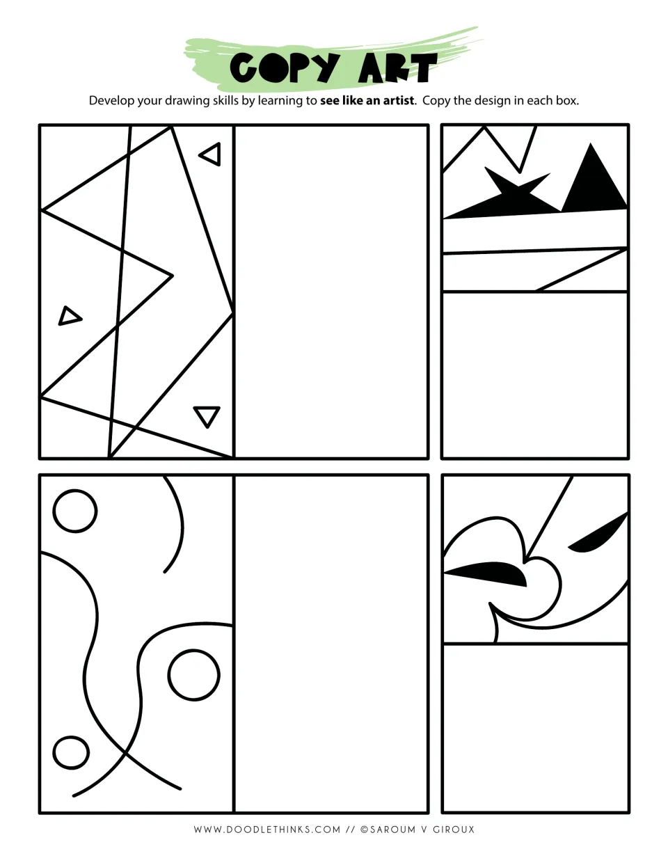 Copy art: students copy 4 designs such as overlapping triangles, solid black peaks, scattered circles and curved leaf forms