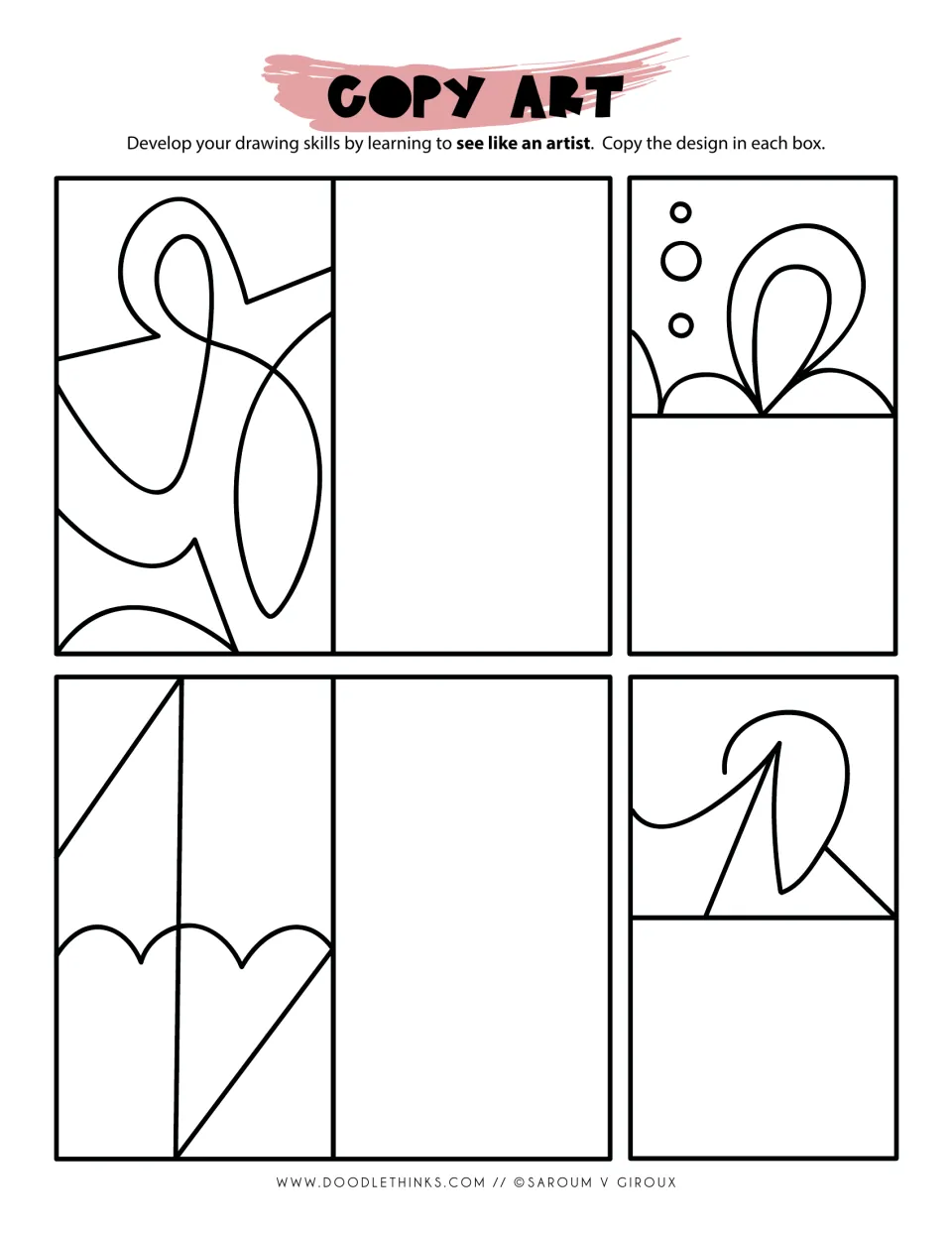 Copy art: students copy 4 designs with looping curves, a teardrop petal with bubbles, scalloped arcs and a curling hook