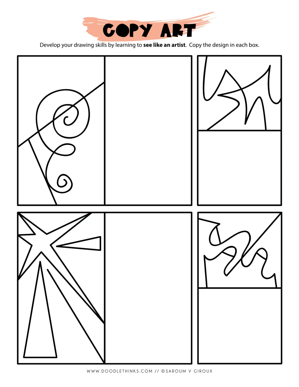 Copy art: students copy 4 designs featuring spirals, a pointed star with narrow triangles and tangled squiggle shapes