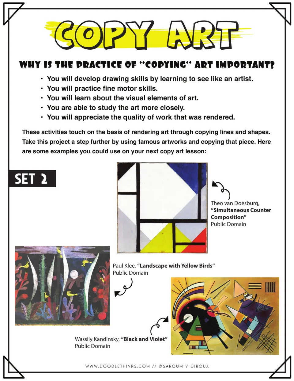 Copy Art Set 2 intro: why copying art matters, with van Doesburg, Paul Klee and Kandinsky paintings to copy as examples