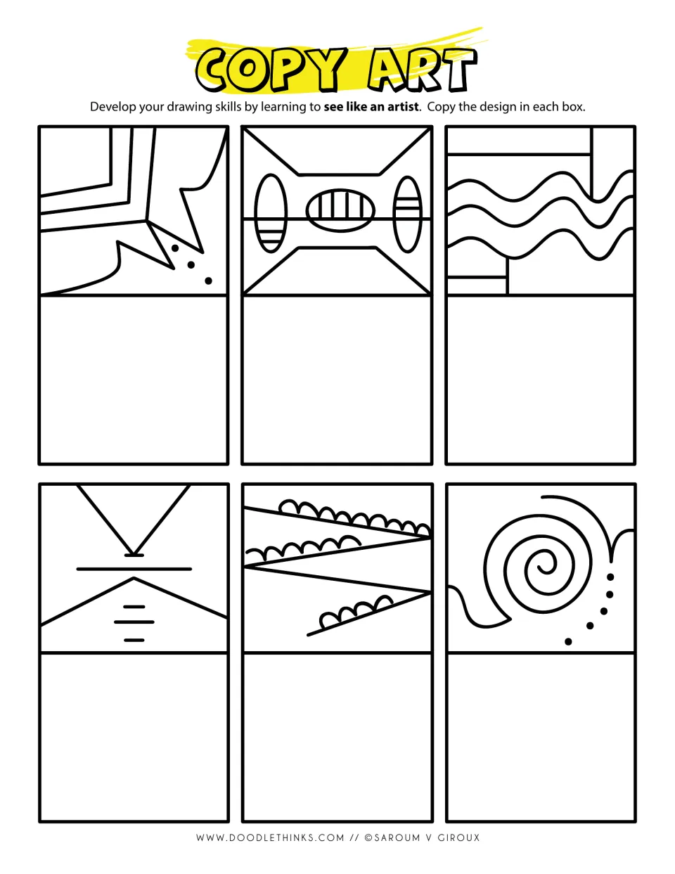 Copy art drawing: students copy six line designs, including waves, a spiral with dots, zigzags and scalloped edges