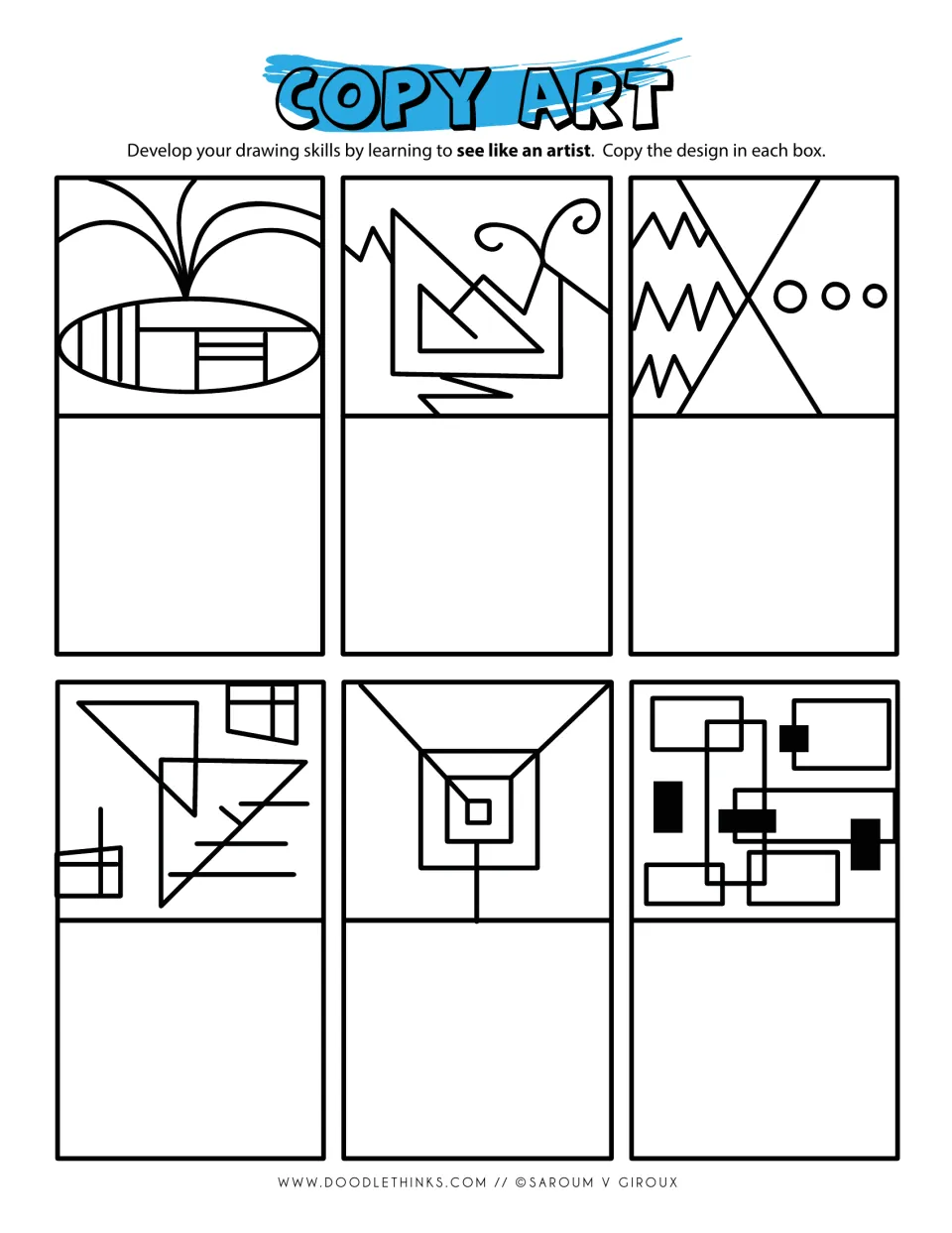 Copy art practice: students redraw six geometric designs: nested squares, triangles, overlapping rectangles and circles