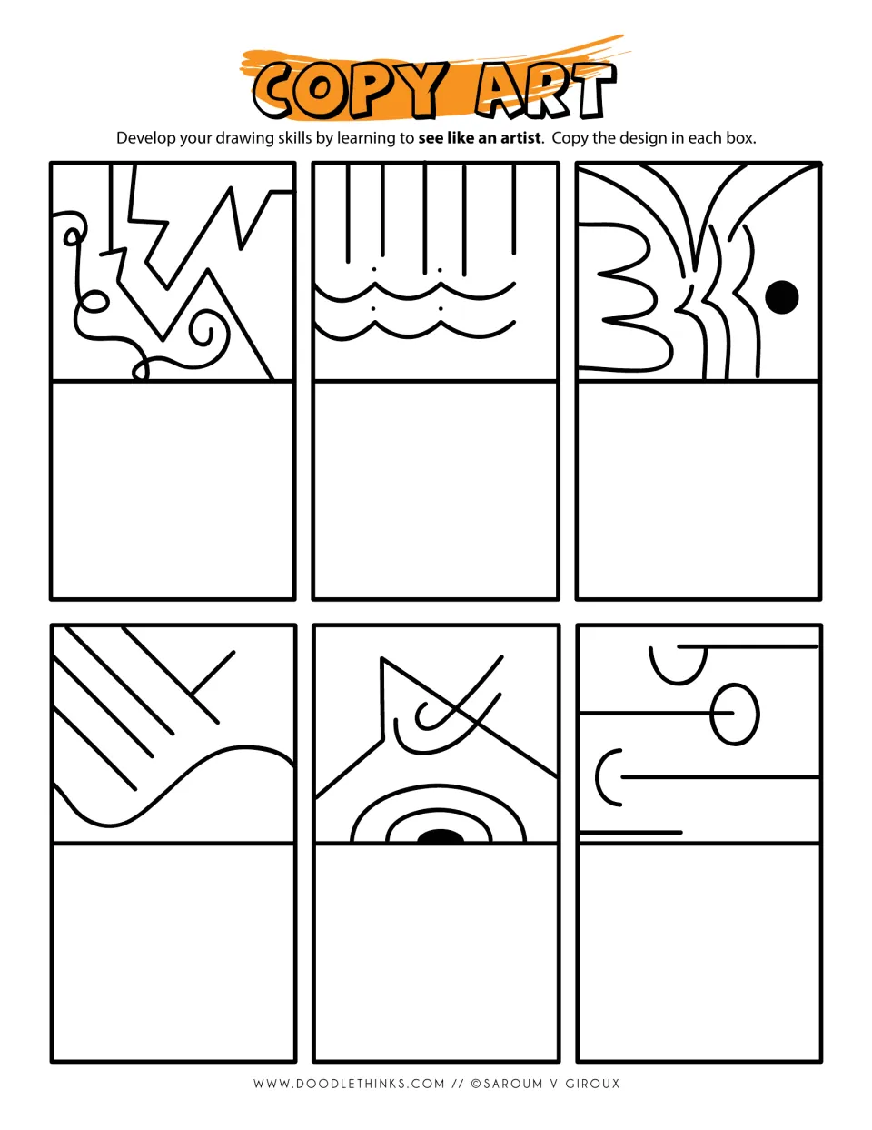 Copy art lines: students copy six designs with lightning zigzags, curly swirls, scalloped waves, diagonals and a bullseye