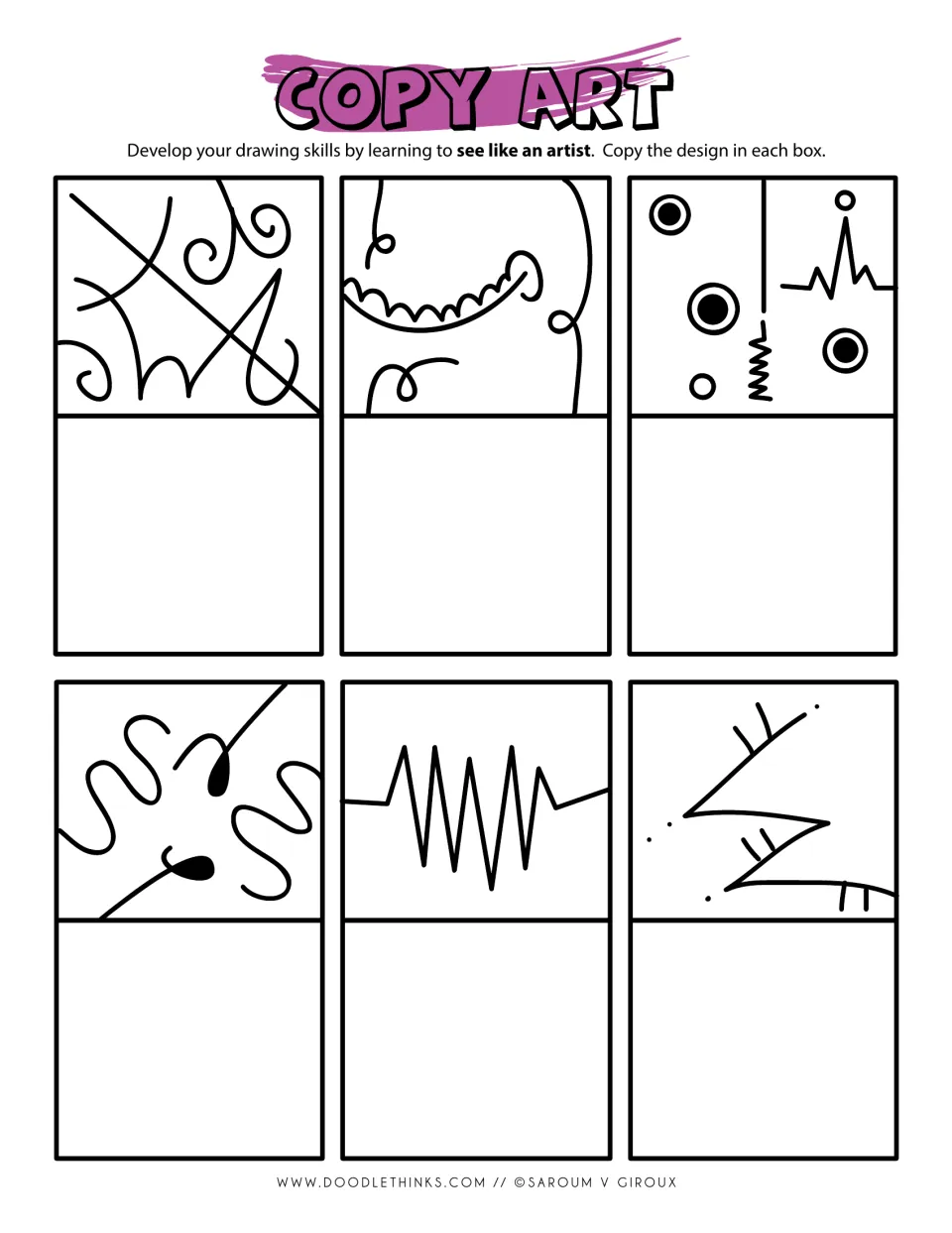 Copy art designs: students reproduce six patterns with loops, curly spirals, a sharp zigzag, dotted circles and squiggles