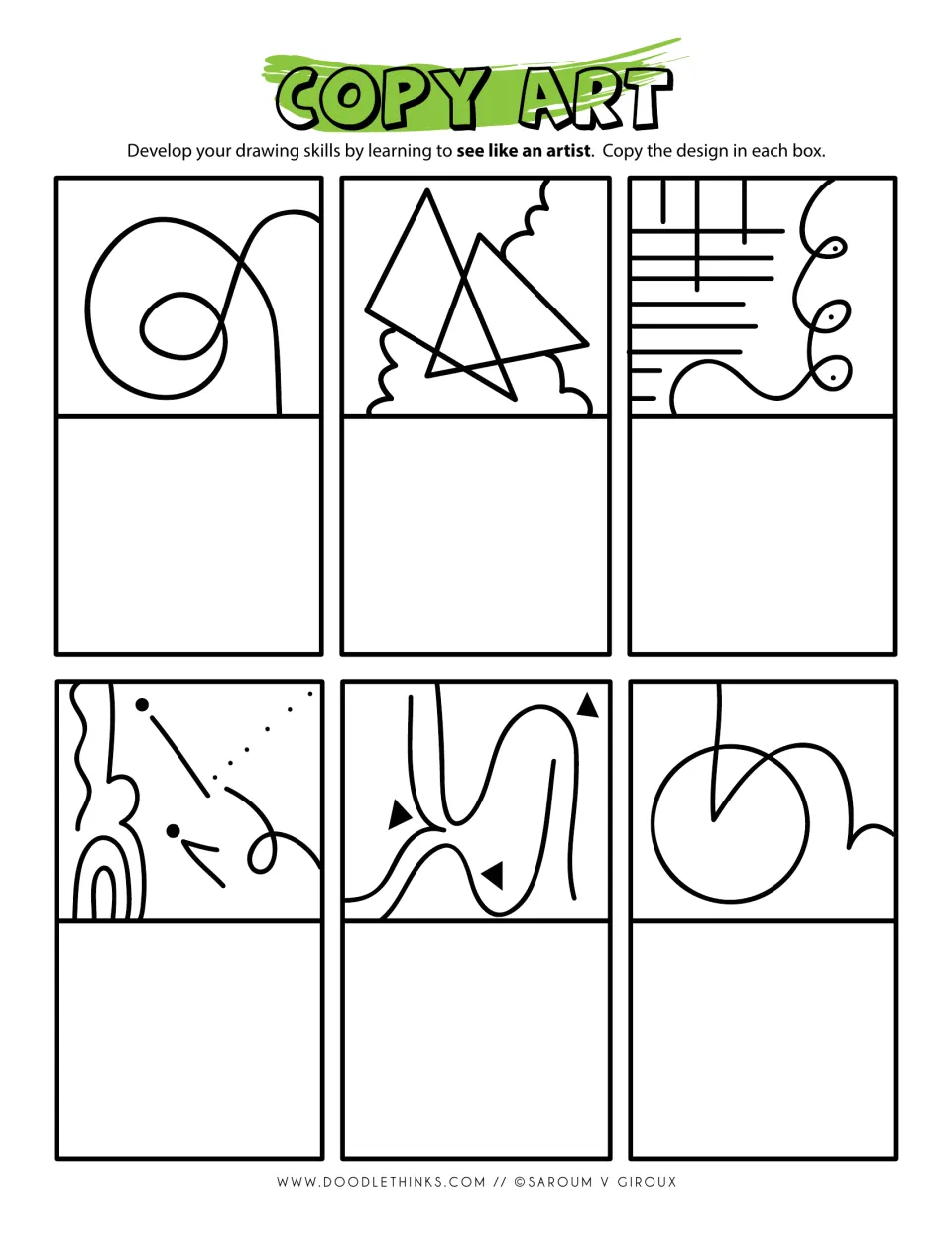 Copy art shapes: students copy six designs, including a looping curve, overlapping triangles, a circle and dotted lines