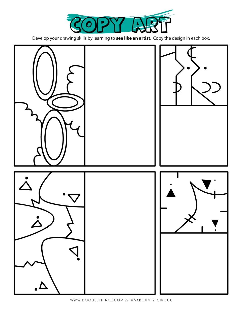 Copy art, tall and short designs: students redraw ovals with cloud edges, blob shapes with small triangles and zigzags