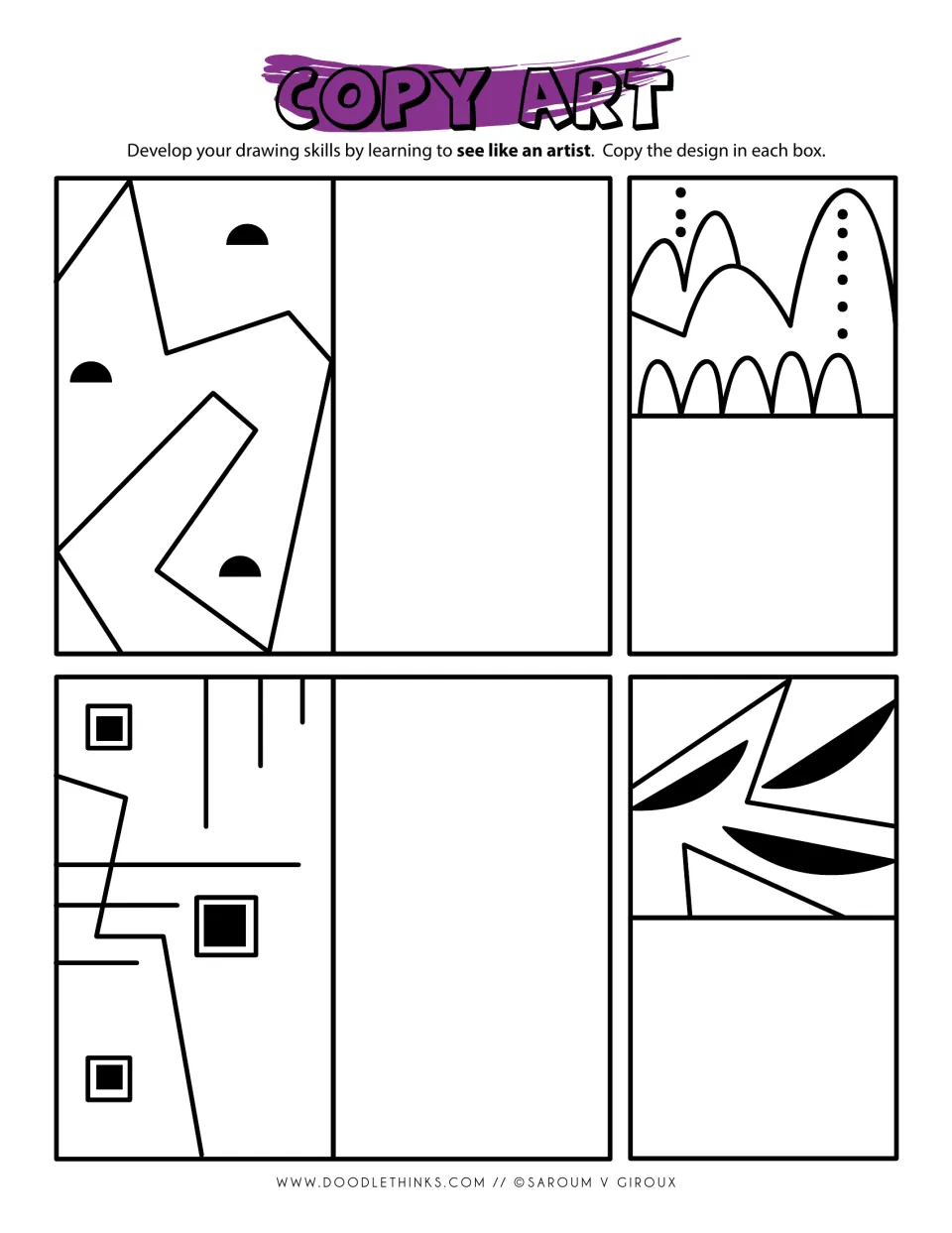 Copy art angles: students copy angular shapes with half circles, arches with dotted lines, framed squares and leaf curves