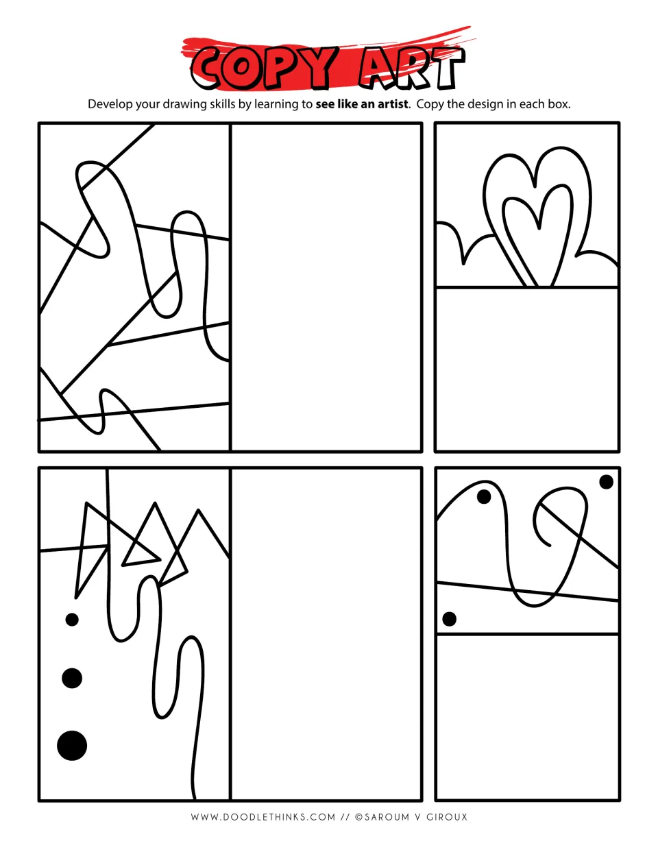 Copy art abstracts: students redraw crossing lines with wavy loops, a double heart, triangles with dots and a curved hook