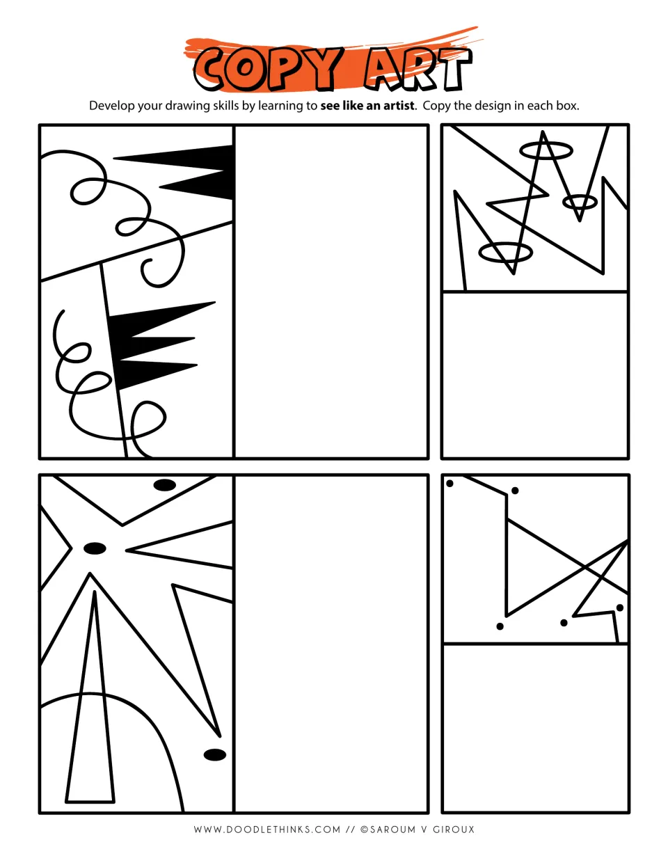 Copy art, final sheet: students copy black spikes with curls, a star burst with ovals, zigzags with rings and dotted angles