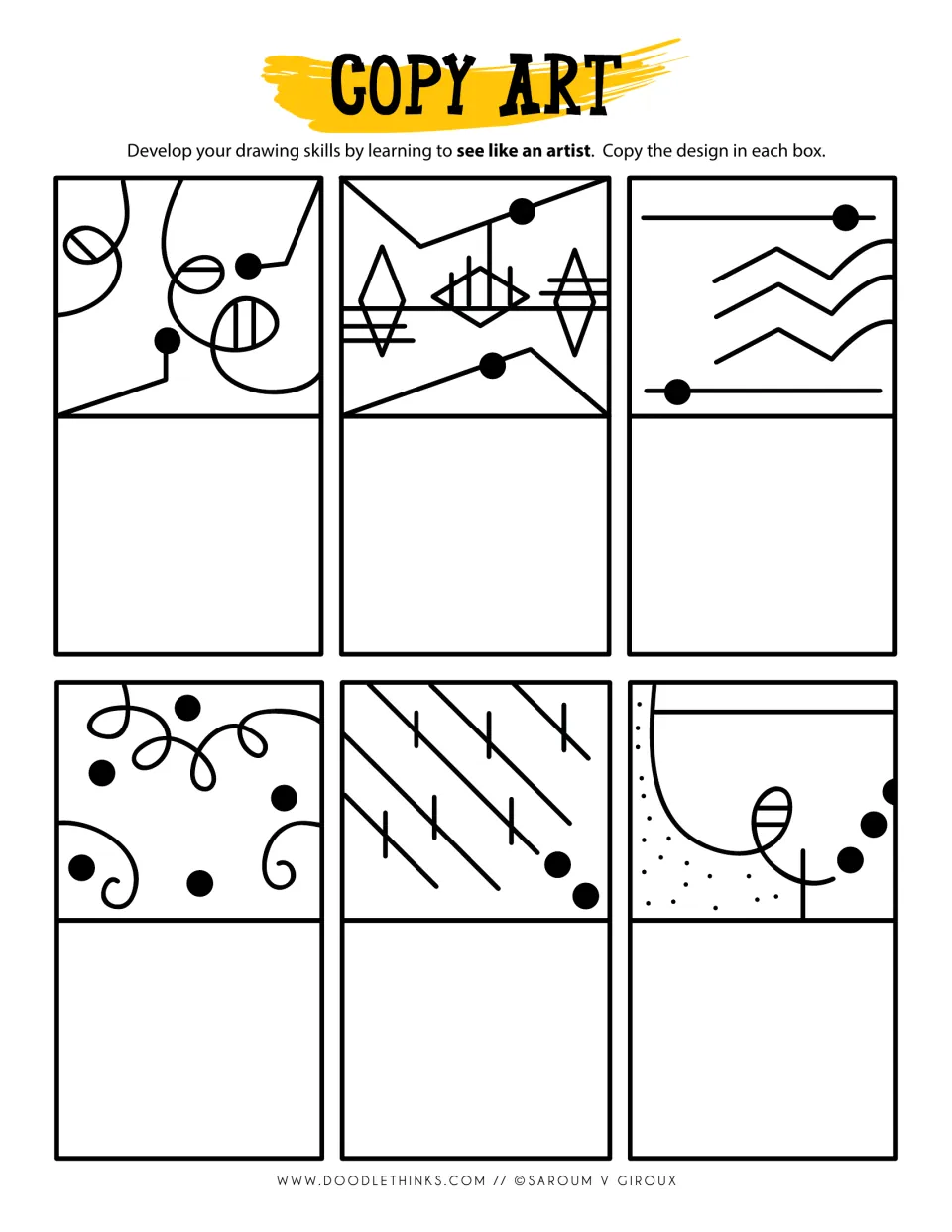 Copy art: students redraw six line designs with dots, loops, zigzags, diamonds and hatched ovals in the space below each