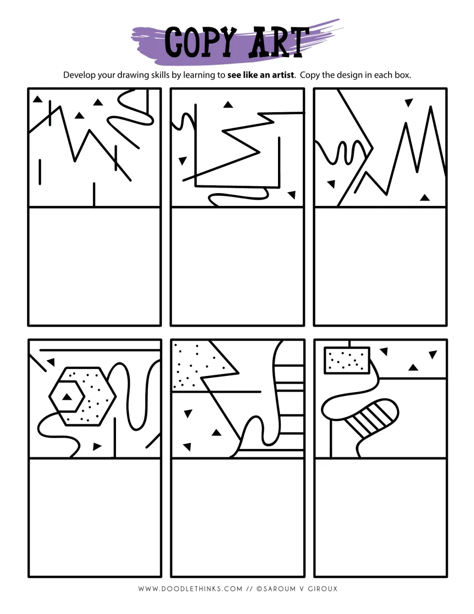 Copy art: students copy six abstract designs of zigzags, wavy lines, small triangles, a dotted hexagon and a striped shape