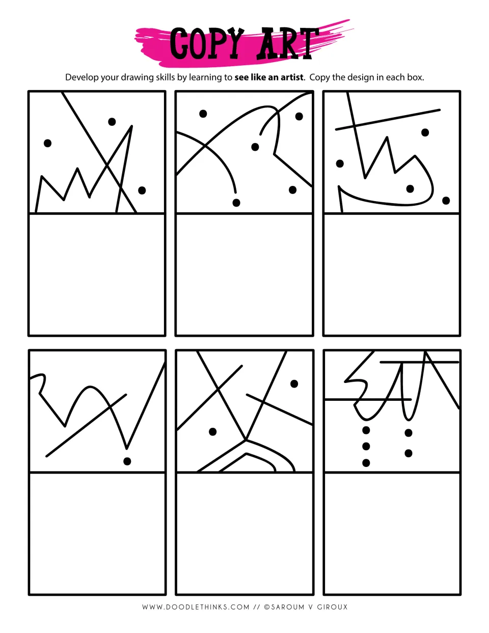 Copy art: students reproduce six simple designs of crossing straight lines, arcs, zigzags and scattered dots
