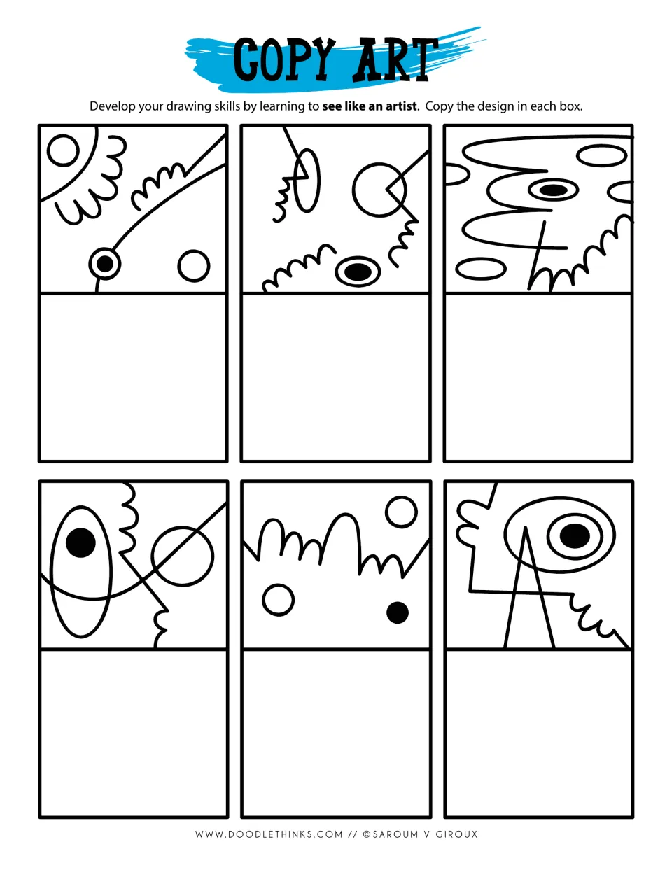 Copy art: students copy six playful designs of circles, eye-like ovals, bumpy scalloped lines and diagonal strokes