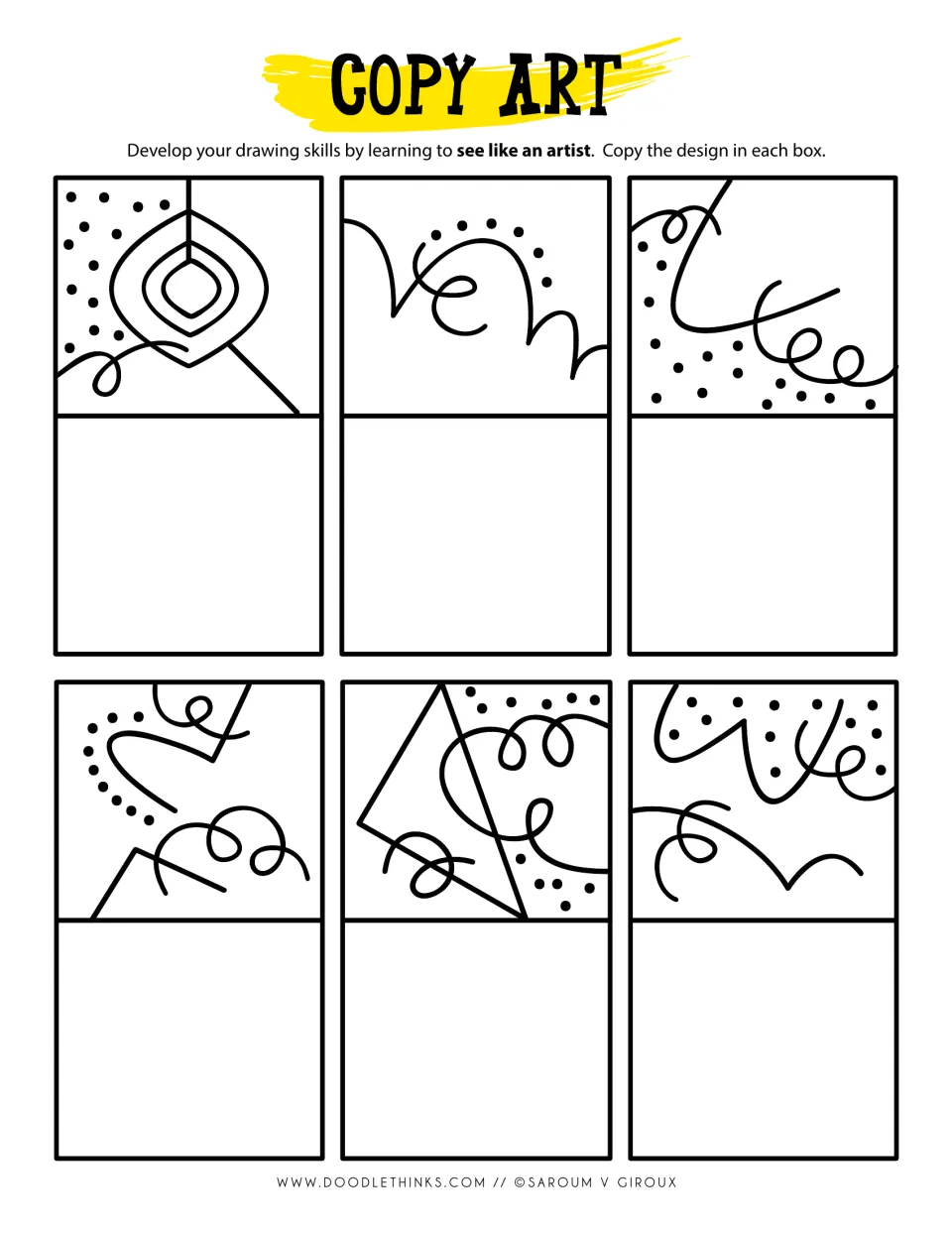 Copy art: students copy six designs of looping curls, dotted arcs, nested teardrop shapes and triangles beneath each model