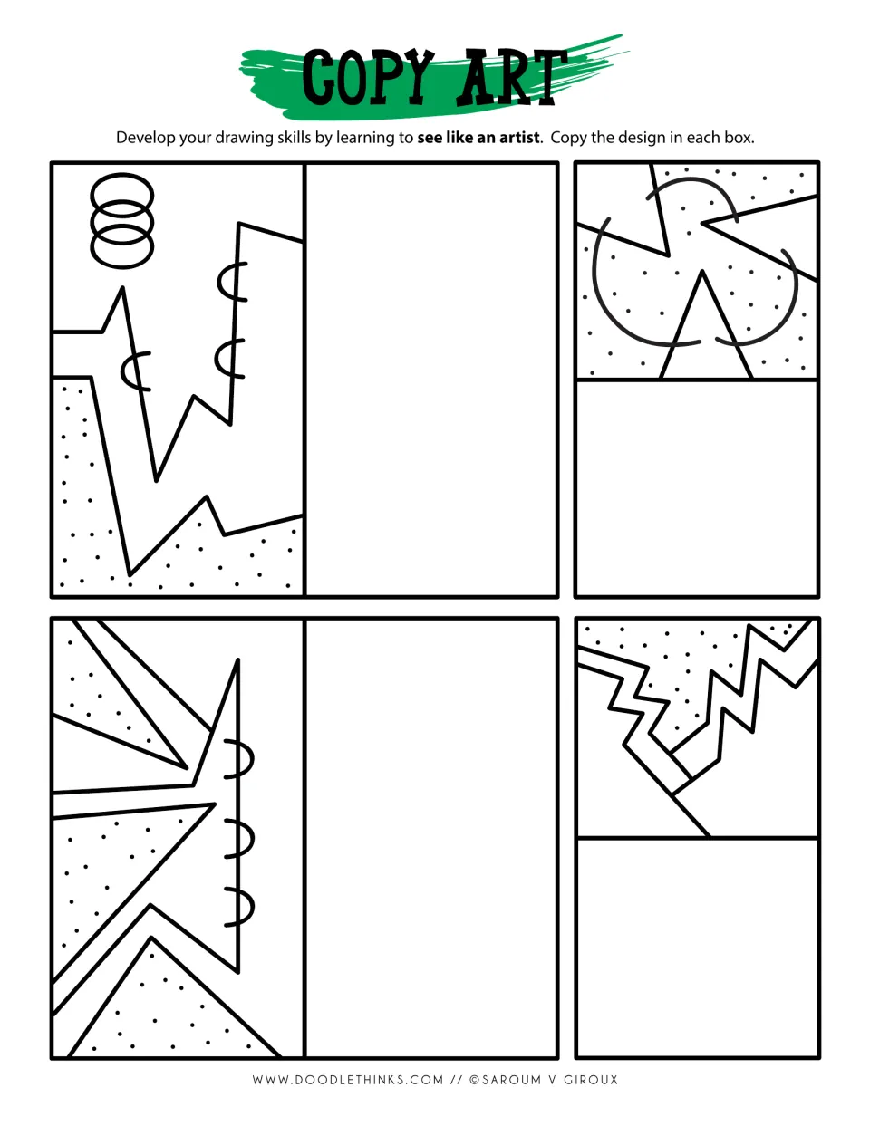 Copy art: students copy four designs with jagged zigzags, stippled triangles, stacked rings and half loops