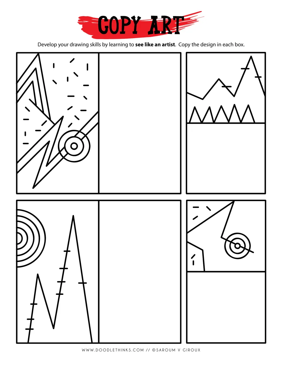 Copy art: students copy four designs of lightning-bolt zigzags, concentric target circles, peaks with tick marks and dashes