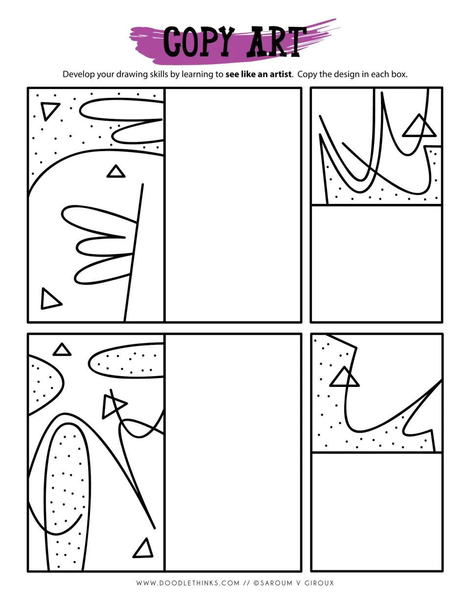 Copy art: students copy four designs of rounded finger-like shapes, dotted ovals, outlined triangles and sweeping curves