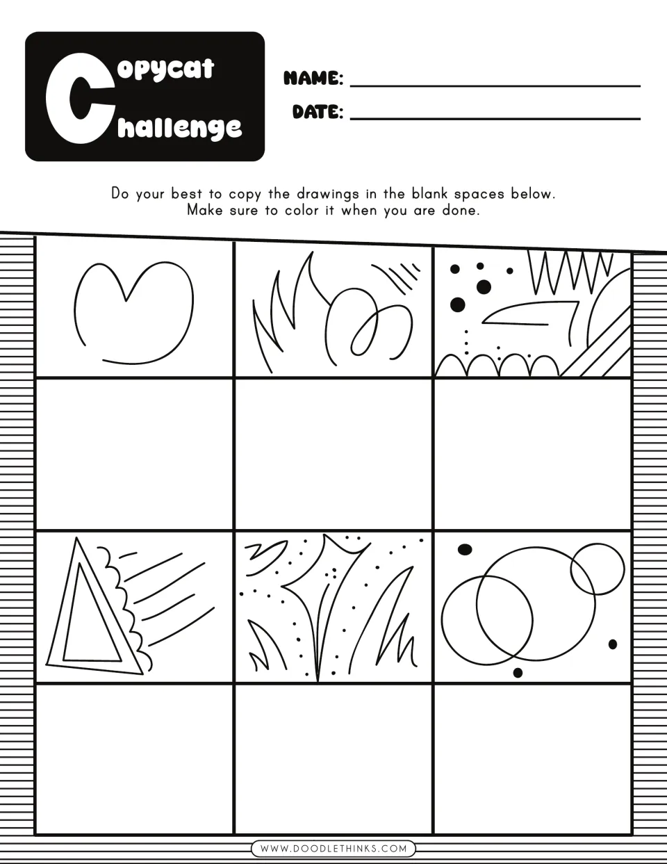 Copycat Challenge in black and white: students copy 6 abstract doodles, like a heart and overlapping circles, then color