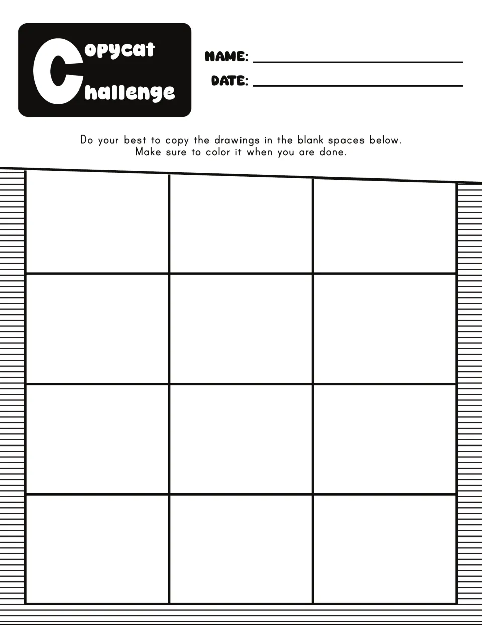 Blank Copycat Challenge in black and white: no sample drawings given, so all 12 spaces are open for new copy prompts