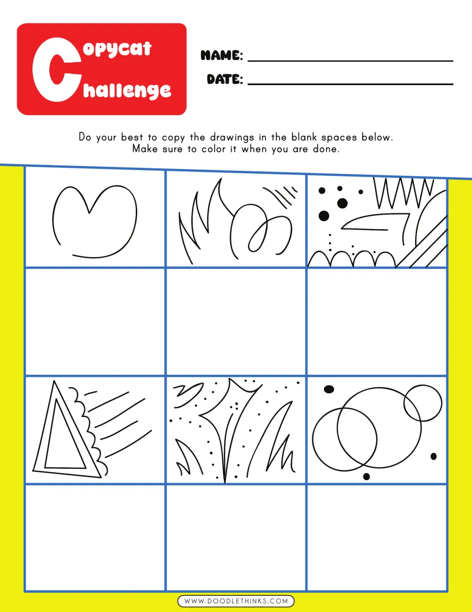 Copycat Challenge in red, yellow and blue: students copy 6 abstract doodles, like a triangle and spiky shapes, then color