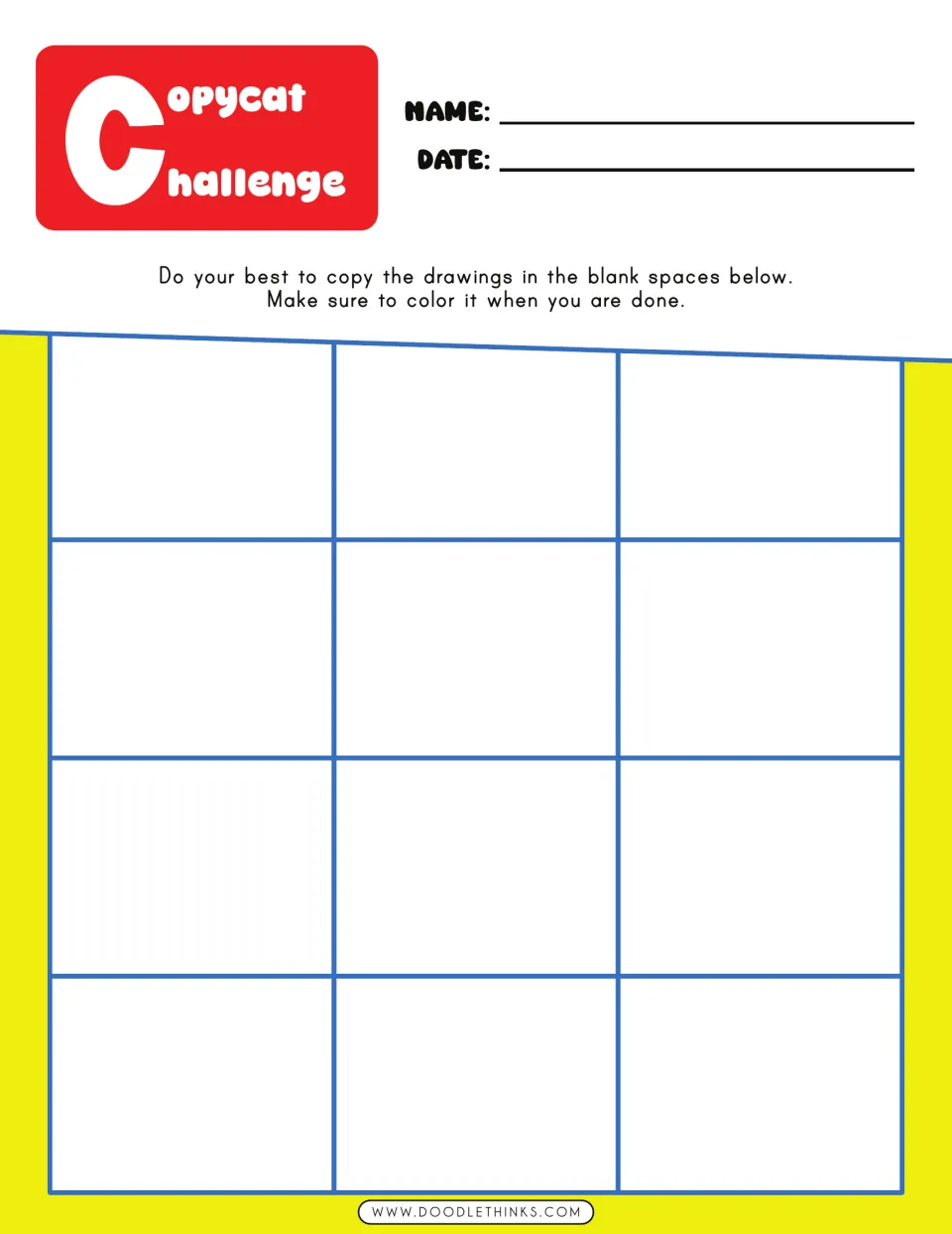 Blank Copycat Challenge in red, yellow and blue with the copy-and-color instruction and 12 empty spaces, no sample drawings