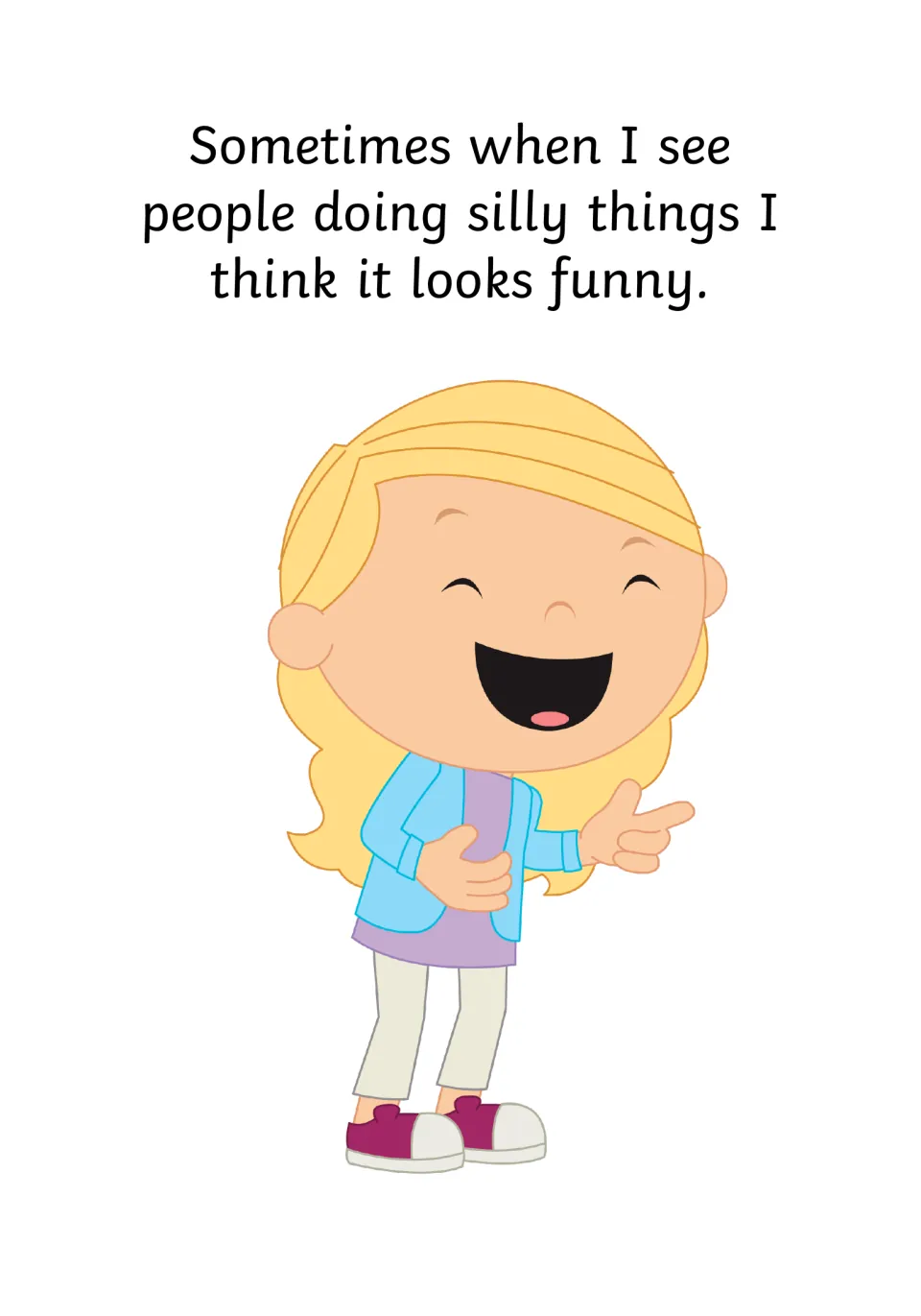 Story page on noticing others: a laughing girl points, with text saying things people do can look funny