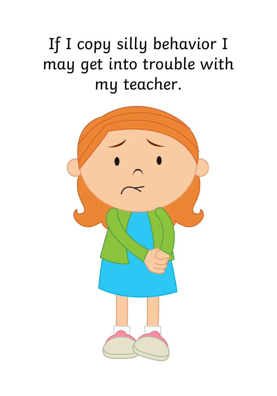Consequence page: a worried red-haired girl clasps her hands; joining in may lead to trouble with my teacher