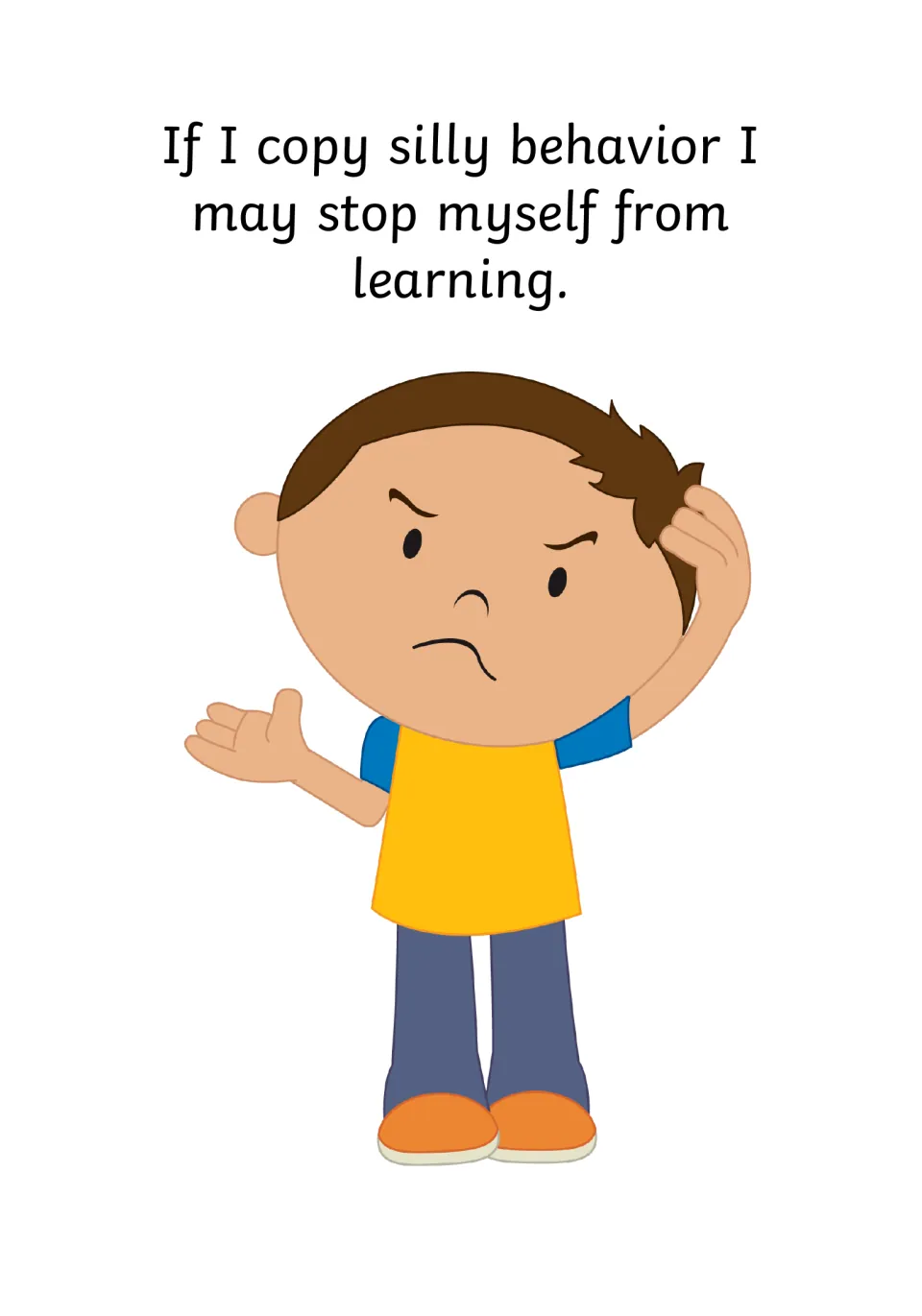 Second consequence page: a frowning boy scratches his head as text says copying others may stop him from learning