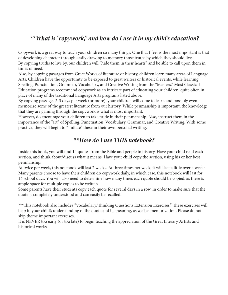Parent guide explaining copywork and how to schedule the notebook's 14 quotes from the Bible and history