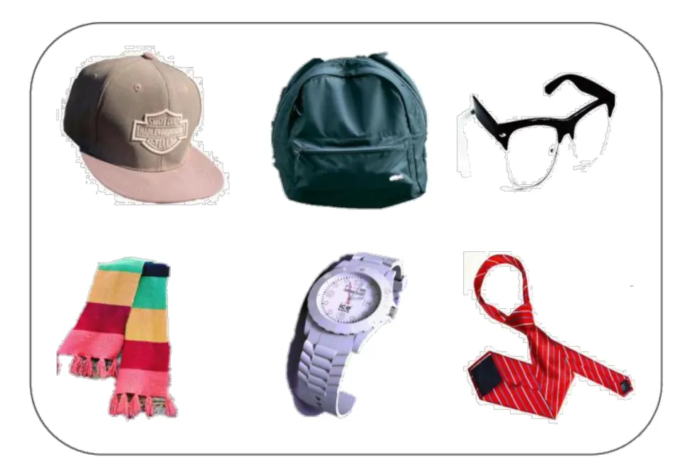 Accessories vocabulary photo mat showing a cap, backpack, glasses, scarf, wristwatch, and necktie