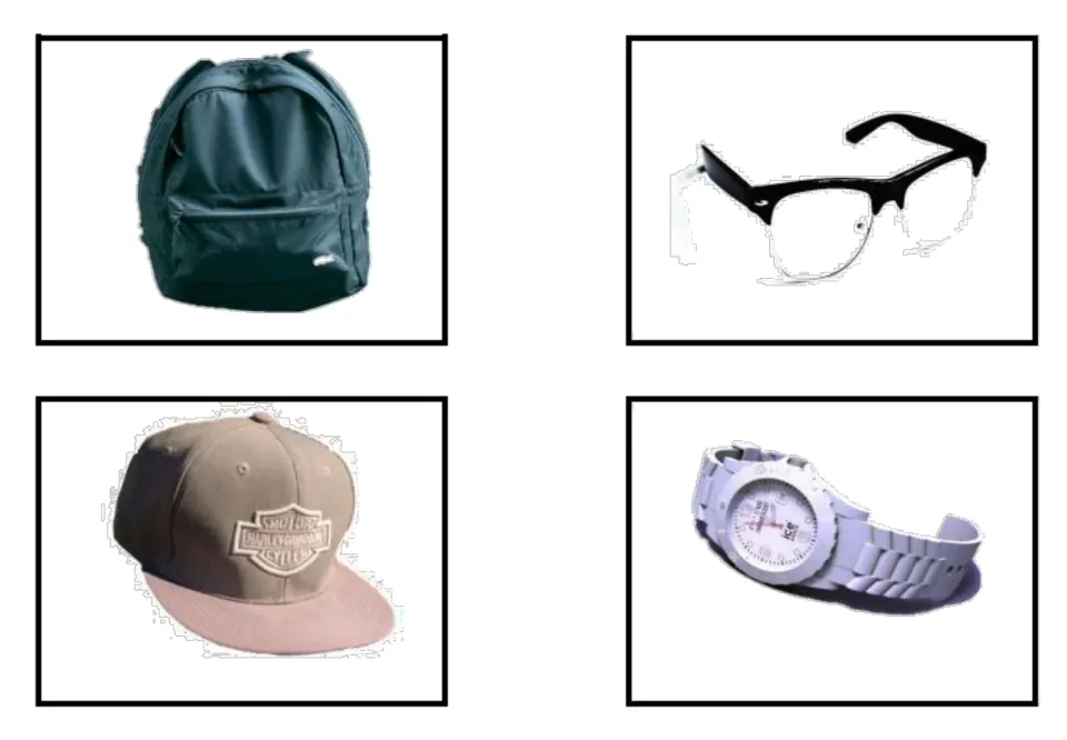 Accessories vocabulary photo cards featuring a backpack, glasses, cap, and wristwatch for matching