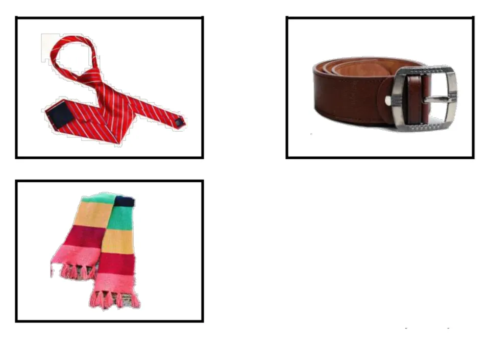 Accessories vocabulary photo cards featuring a red striped necktie, brown belt, and multicolored scarf