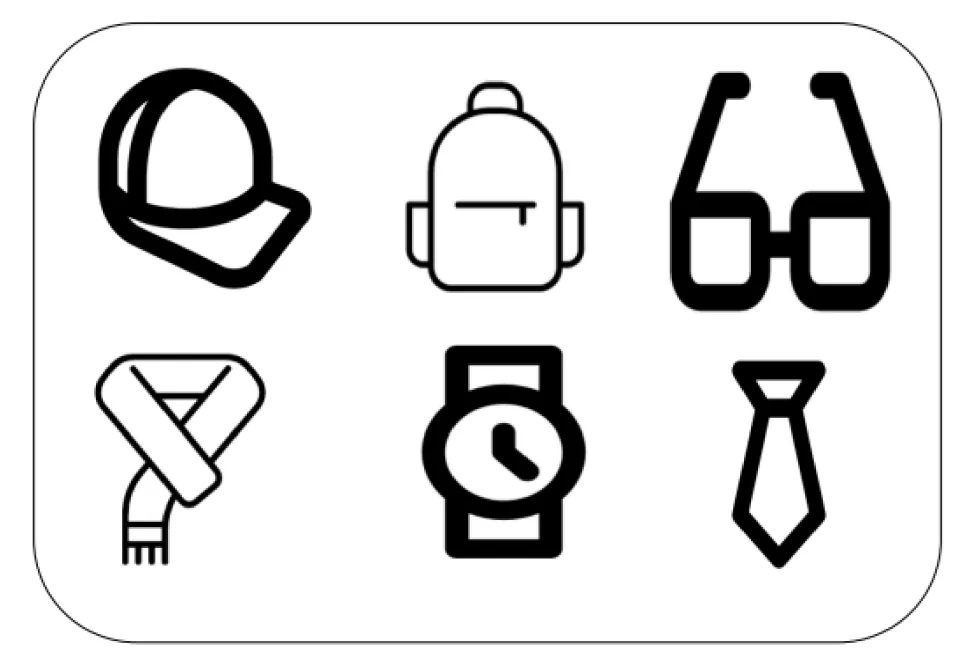 Accessories vocabulary illustrated mat showing a cap, backpack, glasses, scarf, wristwatch, and necktie