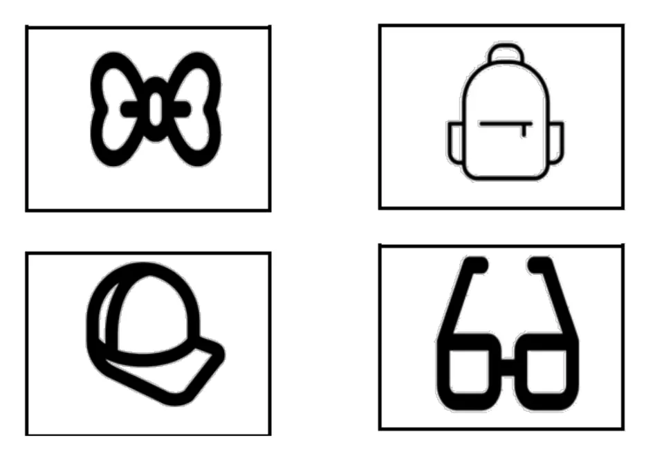 Accessories vocabulary illustrated cards featuring a bow tie, backpack, cap, and glasses for matching