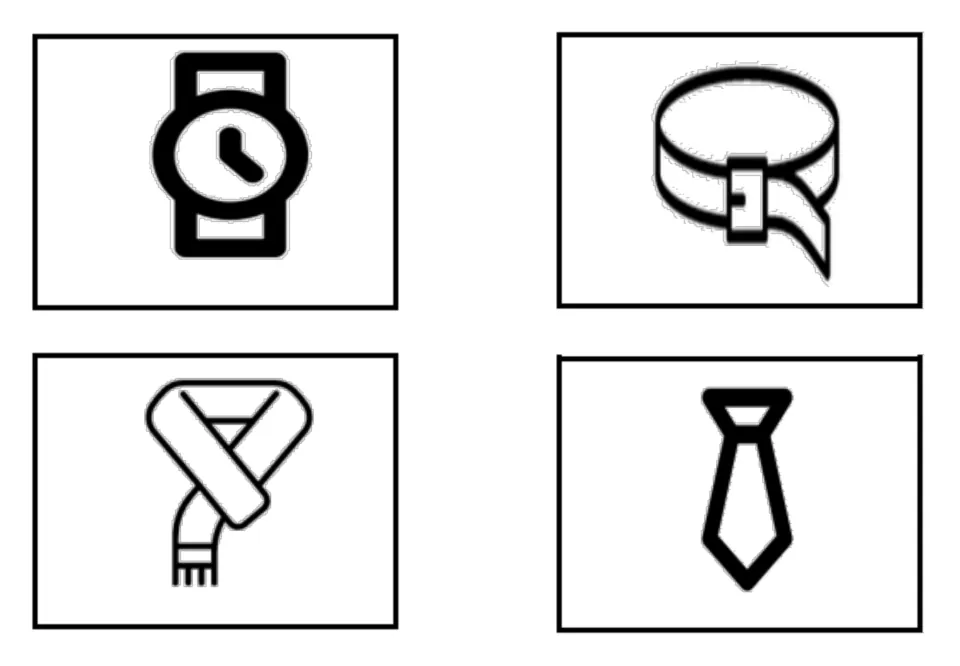 Accessories vocabulary illustrated cards featuring a wristwatch, belt, scarf, and necktie for matching