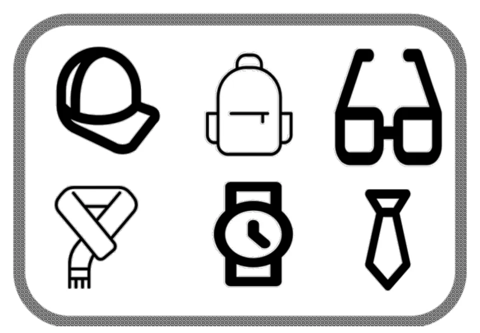 Second illustrated accessories mat featuring a cap, backpack, glasses, scarf, wristwatch, and necktie