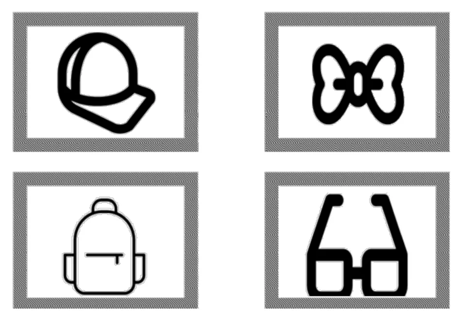 Second set of accessories vocabulary cards showing black-and-white cap, bow tie, backpack, and glasses