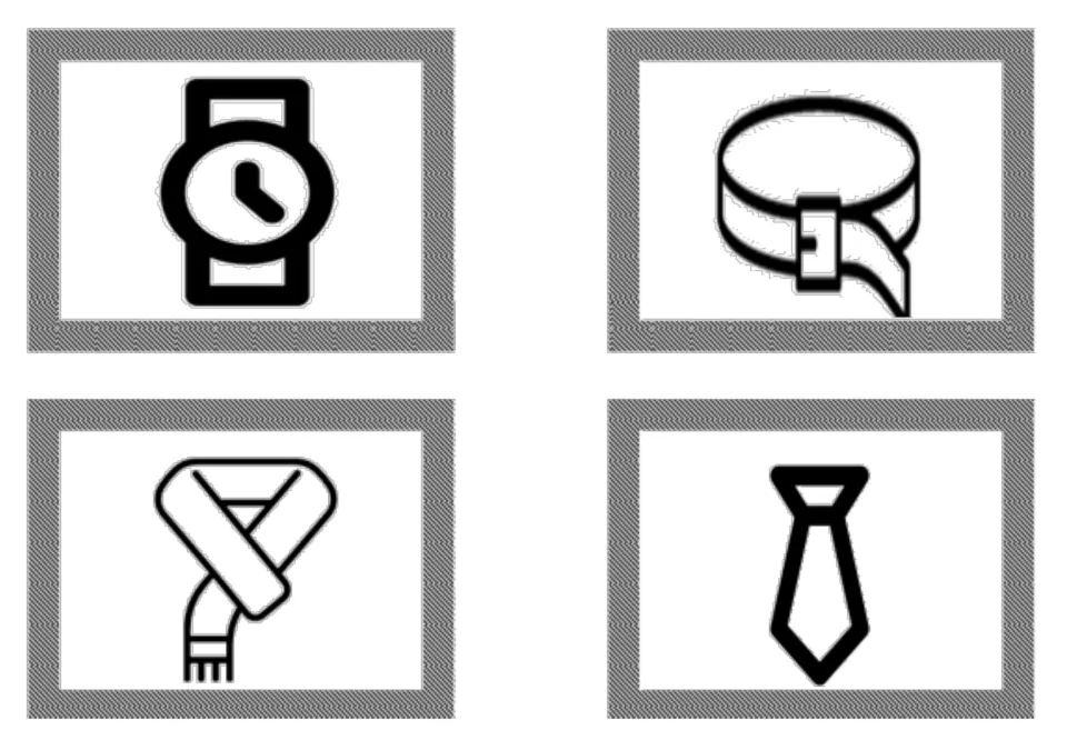 Second set of accessories vocabulary cards showing black-and-white wristwatch, belt, scarf, and necktie