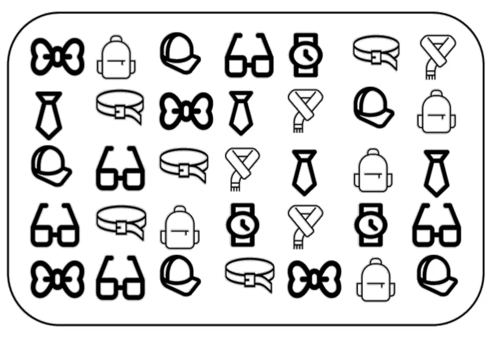 Accessories vocabulary board of 35 pictures repeating bow ties, backpacks, caps, glasses, and four more items