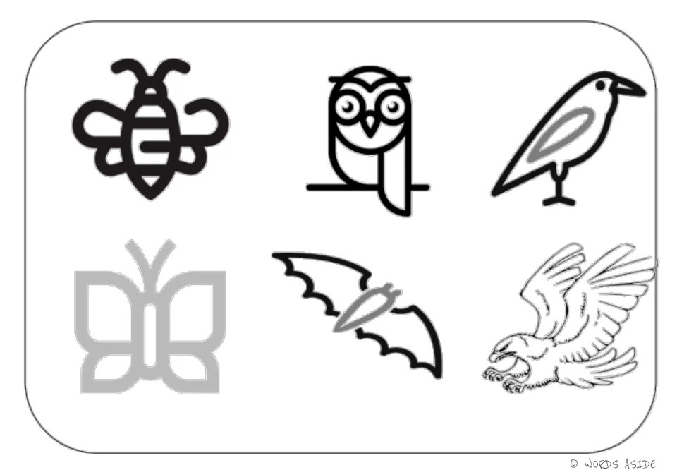 Air-animal illustrated mat for vocabulary and matching: bee, owl, bird, butterfly, bat, and eagle