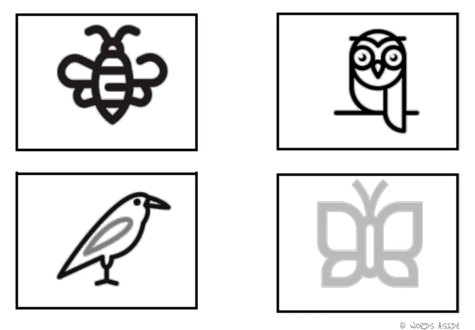 Air-animal illustrated cards 1–4 in the first symbol set: bee, owl, bird, and butterfly for matching