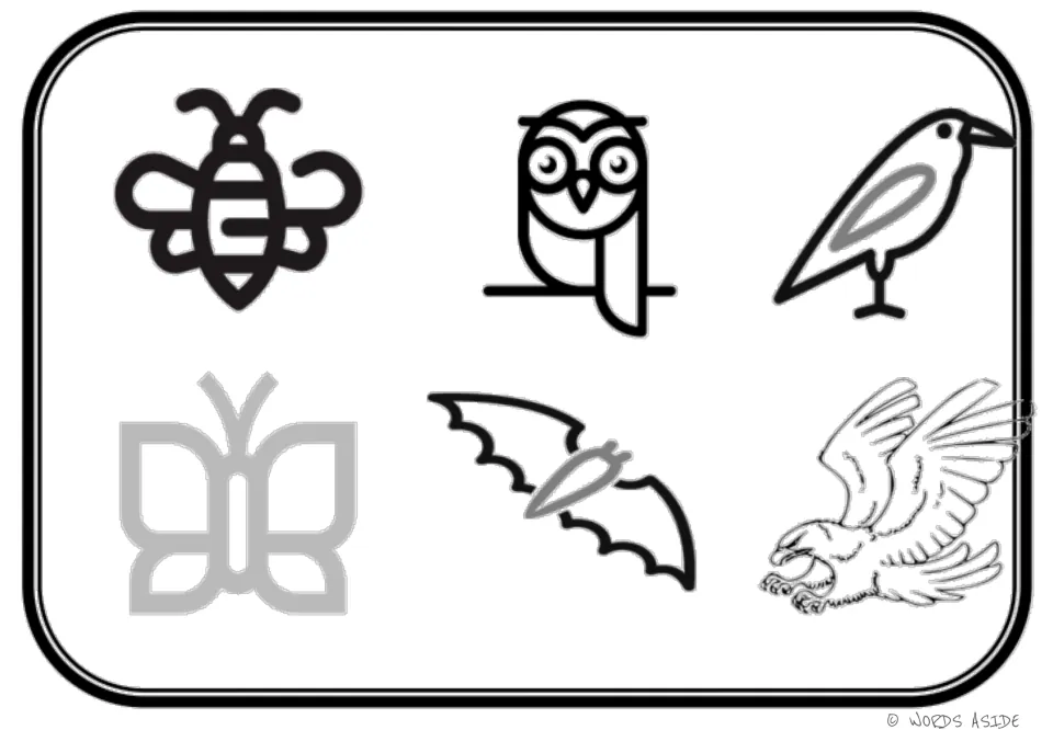 Second air-animal illustrated mat for matching, showing a bee, owl, bird, butterfly, bat, and eagle