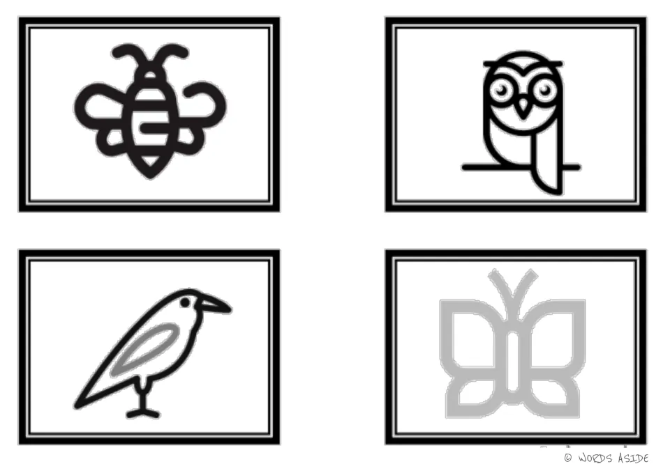 Air-animal illustrated cards 1–4 in the second symbol set: bee, owl, bird, and butterfly for matching