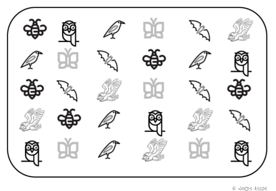 Air-animal vocabulary mat with 30 symbols: five each of a bee, owl, bird, butterfly, bat, and eagle